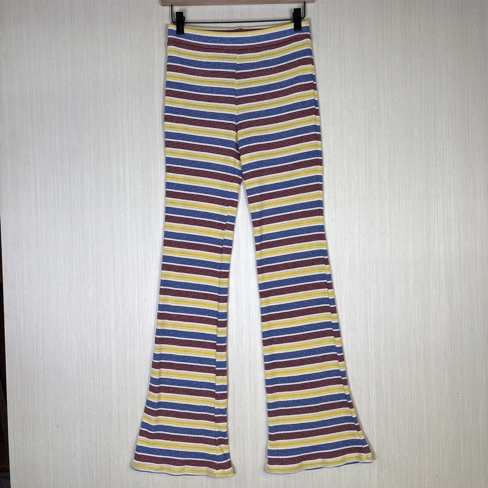 Zara Pants Womens Sz S Knit Striped Colorful Pull On Yellow Red Blue Ribbed - Picture 3 of 12